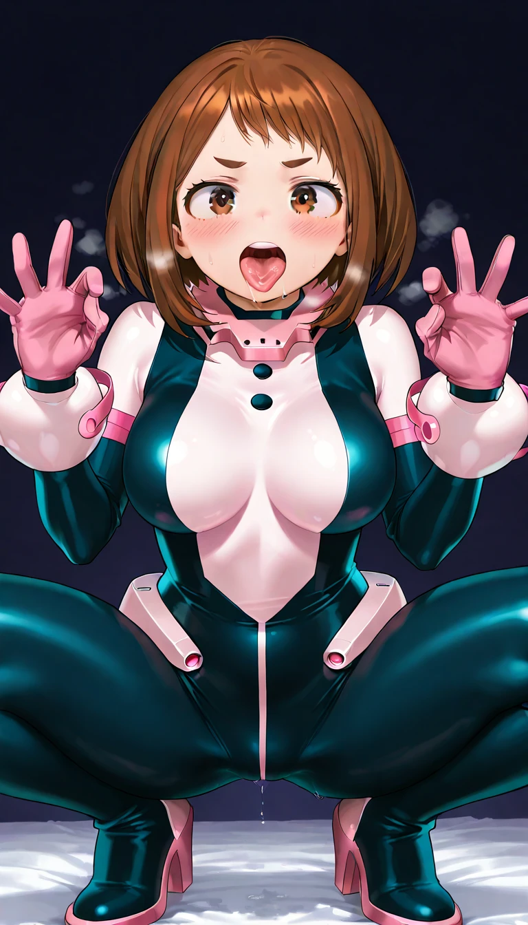 score_9, score_7_up, score_6_up, masterpiece, best quality, source_anime, anime screencap, aoi nagisa, BREAK solo, 1girl, koukawa asuka, brown hair, long hair, blue eyes, bangs, prosthesis, large breasts, (taimanin suit:1.1), pink bodysuit, gloves, fishnets, skin tight, covered nipples, shiny clothes, BREAK looking at viewer, smile, blush, (gaping mouth, uvula, throat:1.4), tongue out, excessive saliva, (one hand fellatio gesture:1.2), outside, city, (mouth shot:1.3),