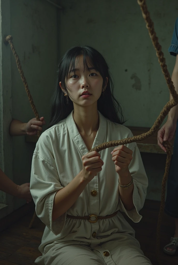 (masterpiece)), ((Highest quality)), (Very detailed), Browsing Caution, ((underground)),(((A rope tied tightly around the waist))),Cute Japanese Girls, One girl, alone, (White mini tank top dress),(Tie your wrists above your head ), (Both wrists are hanging from the ceiling),((thinウエスト)),Large Breasts, slim, thin, BDSM,Beautiful black hair, Beautiful dark brown eyes, (Beautiful Eyes), Long Hair,Troubled expression、Professional Lighting、Bright lighting