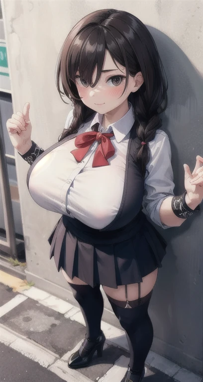 masterpiece, best quality, detailed face, extreme detail, 1girl, ( mature, plump, chubby,bimbo),wide hips, gigantic breasts, lactating, midriff, leaning againts wall, perspective, dutch angle, vanishing point, busy school grounds, outside, school outfit, white serafuku,school backpack, lifted shirt, breasts out, nippes, long hair, bowtie , happy,smiling, expecting, narrow eyes, aroused,black hair, hair ribbons, blue eyes, from above, pubic hair, bottomless, cum dripping, (hands on chest), <lora:conceptExcessivePubic_v10:0.65>, white stockings, dark nippes  <lora:GPTS1 lite:0.3>