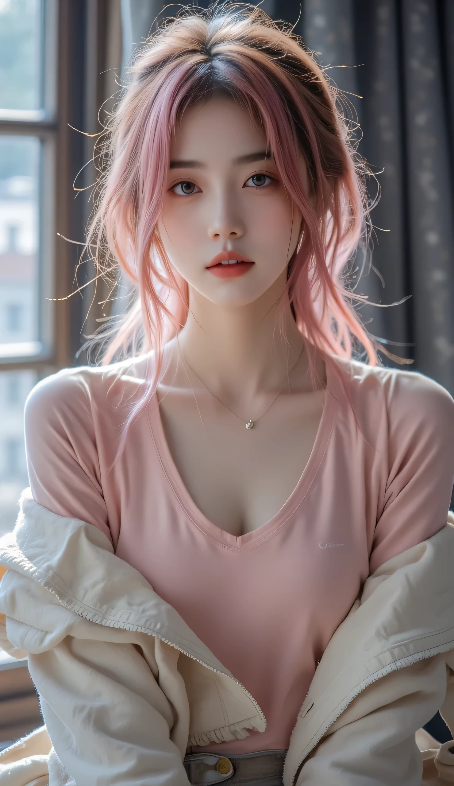 "Jisoo, ,soft pink bun hairstyle, wearing v neck tshirt highweist pants,candid pose, image is mid-range.