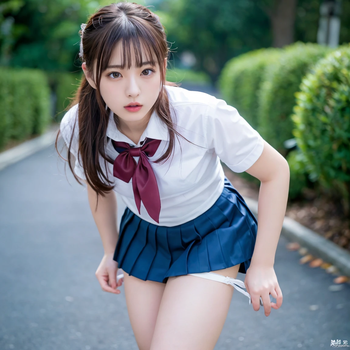 highest quality, Ultra-high resolution, Highly detailed skin, Physically Based Rendering,(shirt with wide open chest、mini skirt),((from below))) ,(((The young face of a 16 year old,Japanese high school girl、Place both hands on the ground、Topless leaning forward,No bra)))(((panty shot.showing panties,squatting,open legs wide)))Small breasts, I can see the nipples too, from the front,))),(Japanese school girl uniform),(Beautiful background:1.2), (Cleavage), (Show me her white panties)Long black hair, open chest shirt