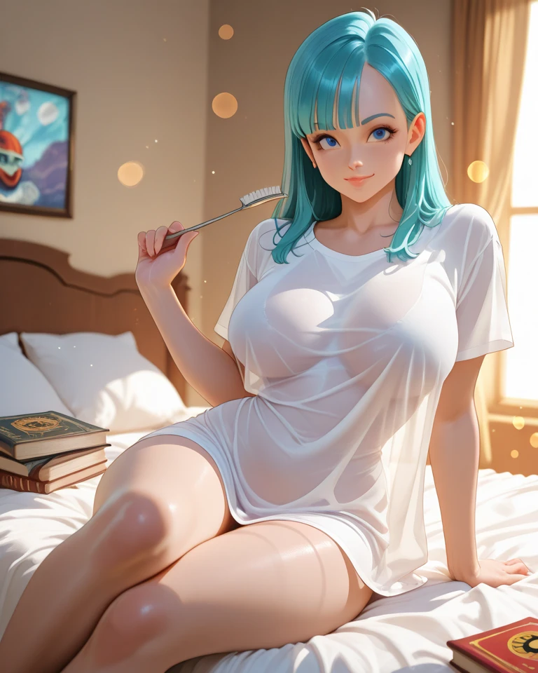 Character Details:, - Gender: 1 Girl. - Style: Anime, - Body Type: Attractive body, slim body, nice legs, slim tights, nice arms, nice shoulders. - ??????: ((Small ??????:1,1)), Cleavage, (??????). - Facial Features: Beautiful, Gorgeous, Teenager, Fresh, Young. - Expression: ((Licking Lips)), ?????, Pink Blush on Face, ???? Eyes, ???? Look, (Sweating:1.4), Innocent Look, Tipsy. - Hairstyle: Blunt Bangs, Long Hair. - Hair Color: Light Blue Hair, Ribbon, Braided. - Clothing: (Office Shirt:1.5), (Off Shoulder:1.3). - Body Pose: (Kneel), - Behaviour: Waiting, Want Something, Secretly. - Accessories: Earrings, Environmental Details:, - Setting: Bed Room., - Lighting: Natural Light, - Decoration: Modern Bed, Pillow, Blanket, Cloth, Table, Chair, Window, White Curtain, City View. Top view. pov, anime style, UHD, retina, masterpiece, accurate, anatomically correct, textured