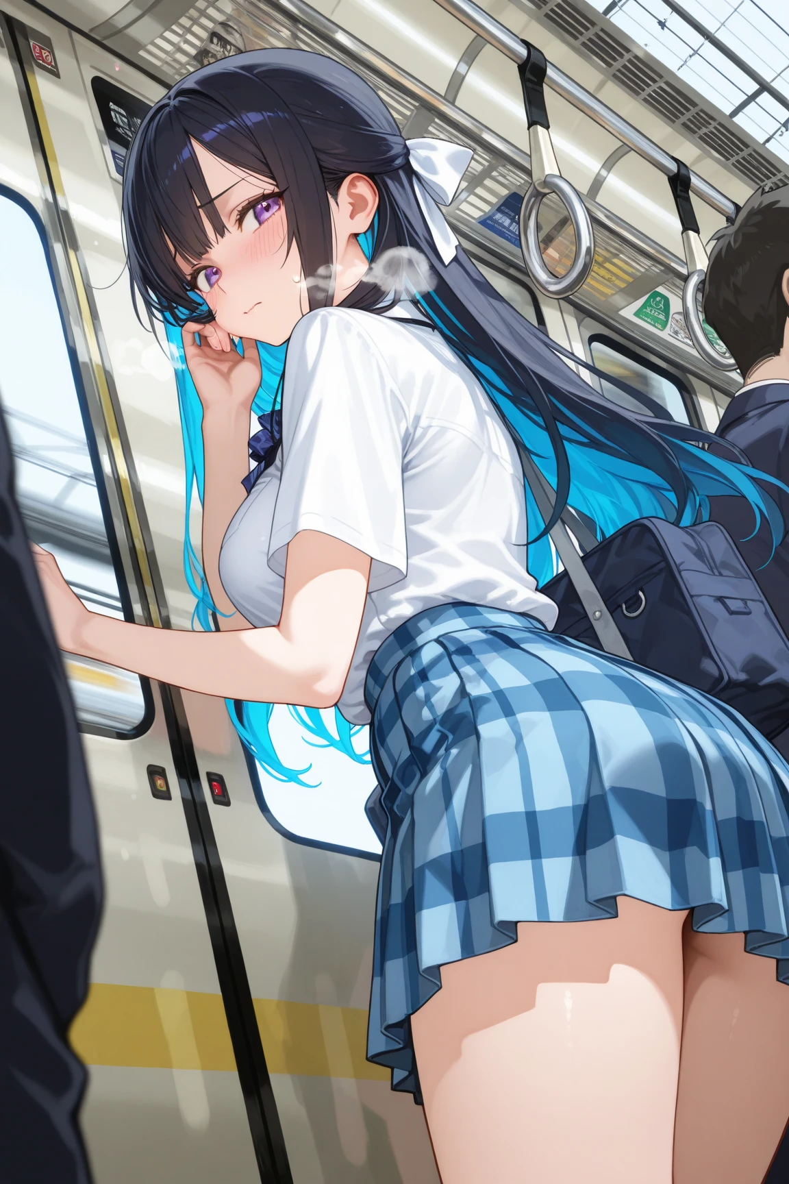 BREAK Perfect Anatomy、(High resolution:1.2)、Incredible illustrations、(Cute illustrations:1.2,nsfw)、（Beautiful background）1gial((multicolored hair,wavy long hair)closed eyes,light smile (blazer,skirt,Silk shorts),(a girl, , height 1.5meters, 40kg),,17-year-old,flat chest）　(beautiful ass,pussy cum,cum ass)　Students commuting by train