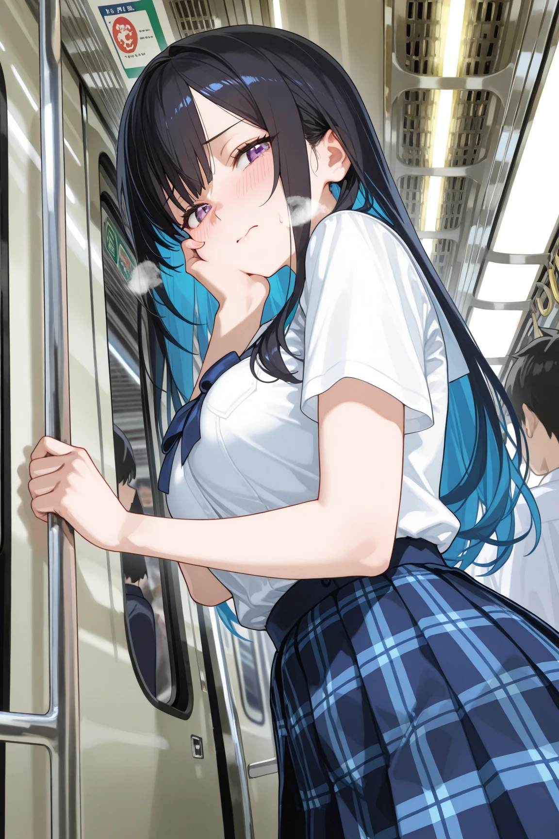 手でHide、hand bra、Hide、Blushing、Embarrassed expression、Japanese 、Not wearing a bra、Light purple hair、Semi-long hair、Pale purple eyes、、Blushing、lipstick、Perfect hands、Detailed hands、on the train、、hand bra