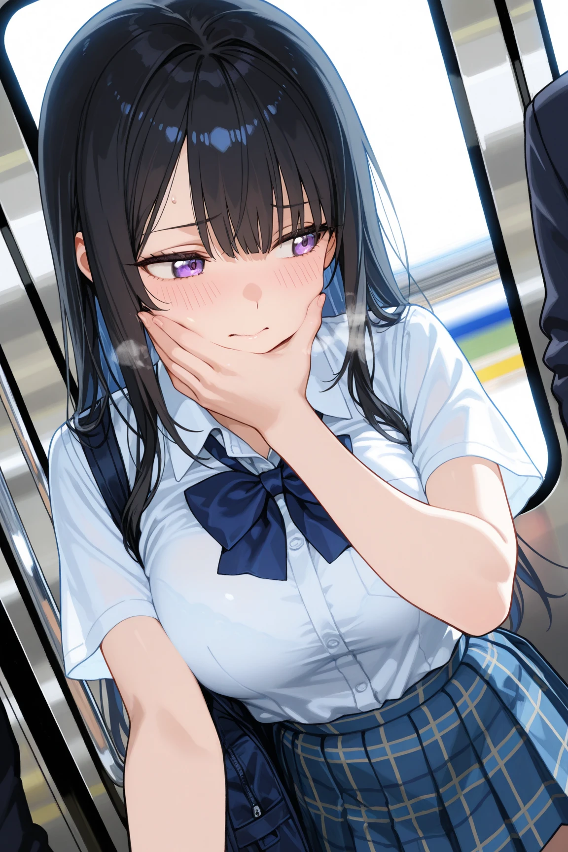 (masutepiece, Best Quality:1.4), Beautiful face, AKB48,Nogizaka46,8K, ,girl with, A Man, The girl is an 18-year-old student, Man is a 30-year-old office worker, On the train, Sitting side by side,  Man showing erection , Female is touched by a man,1girl in, 1boy, Sitting, (hand job:1.5), a couple,Man is naked,(Yor:1.3),(Smile:1.2),(facials:1.5),(cum on facial:1.5),(Ejaculate on hand:1.5),(full-face blush:1.3),