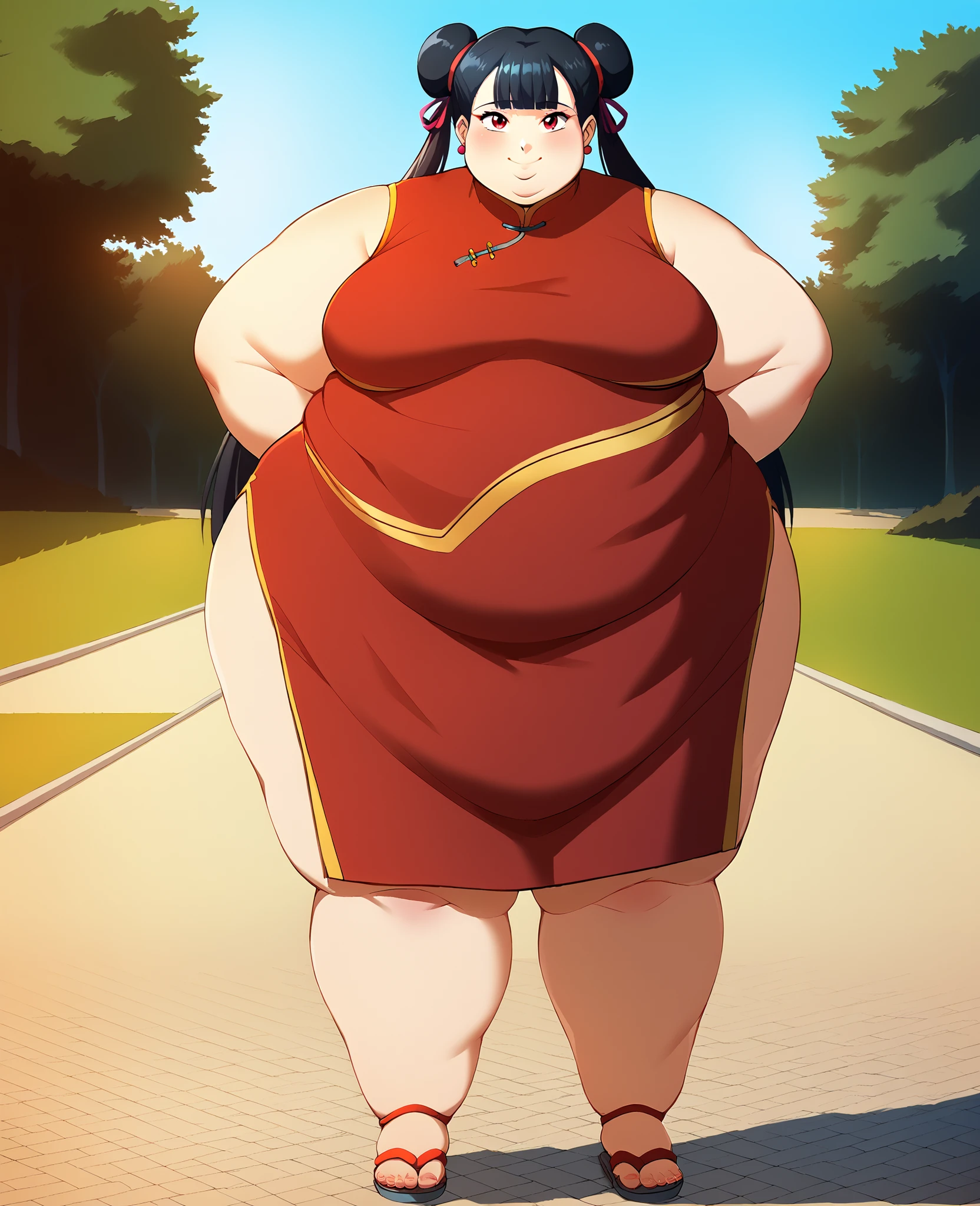score_9, score_8_up, score_7_up, score_6_up, score_5_up, score_4_up, BREAK, source_anime,
1girl, black hair, blunt bangs, double bun, long hair, red eyes, twin tails, breasts
cheongsam, sandals, SSBBW, fat, 500 lbs.,
hands behind back, smile, full body, looking at viewer, solo, outdoors