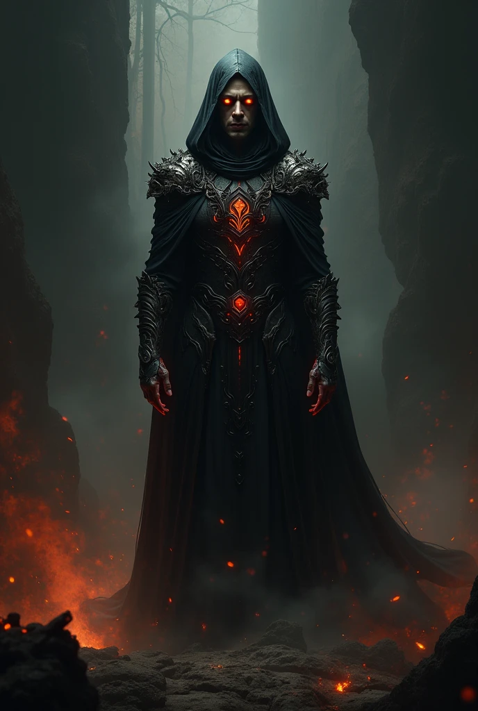 breathtaking concept art ((legendary dark mage lord)), black coat. (cave scenery), dark atmosphere, (vibrant colors), ((red sparks coming from the eyes)), eyecatching, mysterious and scary, dark fog, cave light, hd, 8k, masterpiece, trending on artstation, (depth of field), lot of details, highly detailed, style of Greg Rutkowski and Bastien Lecouffe-Deharme, award-winning, professional, highly detailed,large breasts