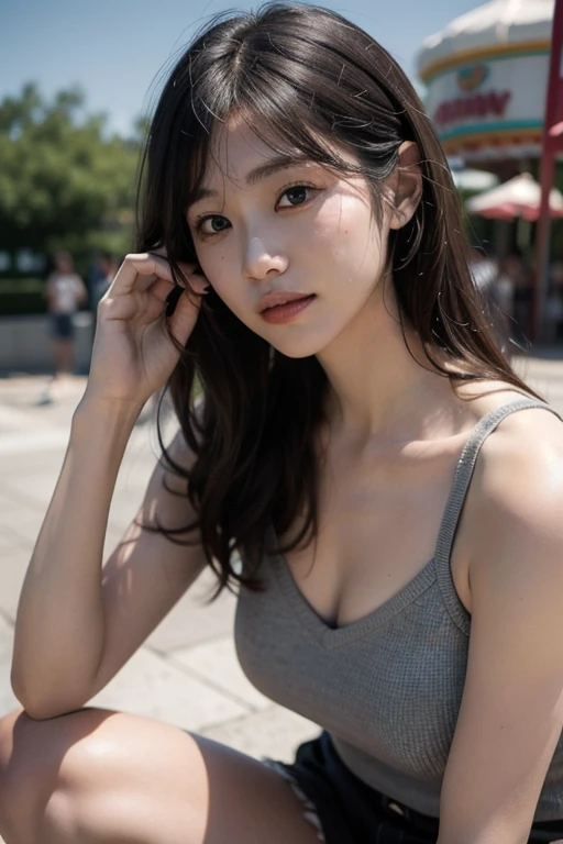 Extreme close-up of beautiful korean female, 34 inches breasts size, wearing  tank top, holding snack, sitting in front of the house, bokeh background, UHD 