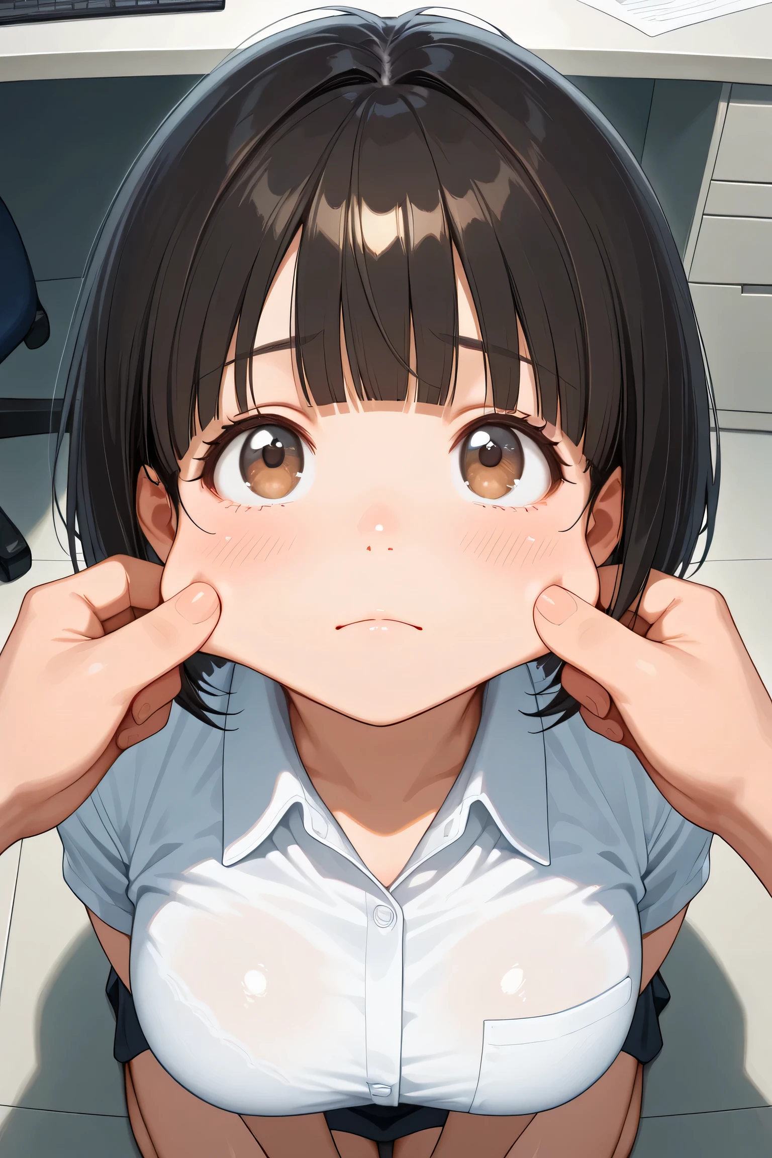 1girl, kneeling, looking up, pov hands, (cheek pinching:1.2), face,
BREAK girl, 22yo, short hair, bob cut, ear, (blunt bangs), black hair, (tareme:1.2), detailed cute brown eyes, curled eyelashes, (large breasts:0.8),
beautiful eyes, beautiful face,
white collared shirt,
embarrassed, frown, tearful,
office room, daylight,
masterpiece, best quality, amazing quality, very aesthetic, absurdres, newest, (realistic:1.2), super detailed, extremely detailed, sharp focus, nsfw, explicit