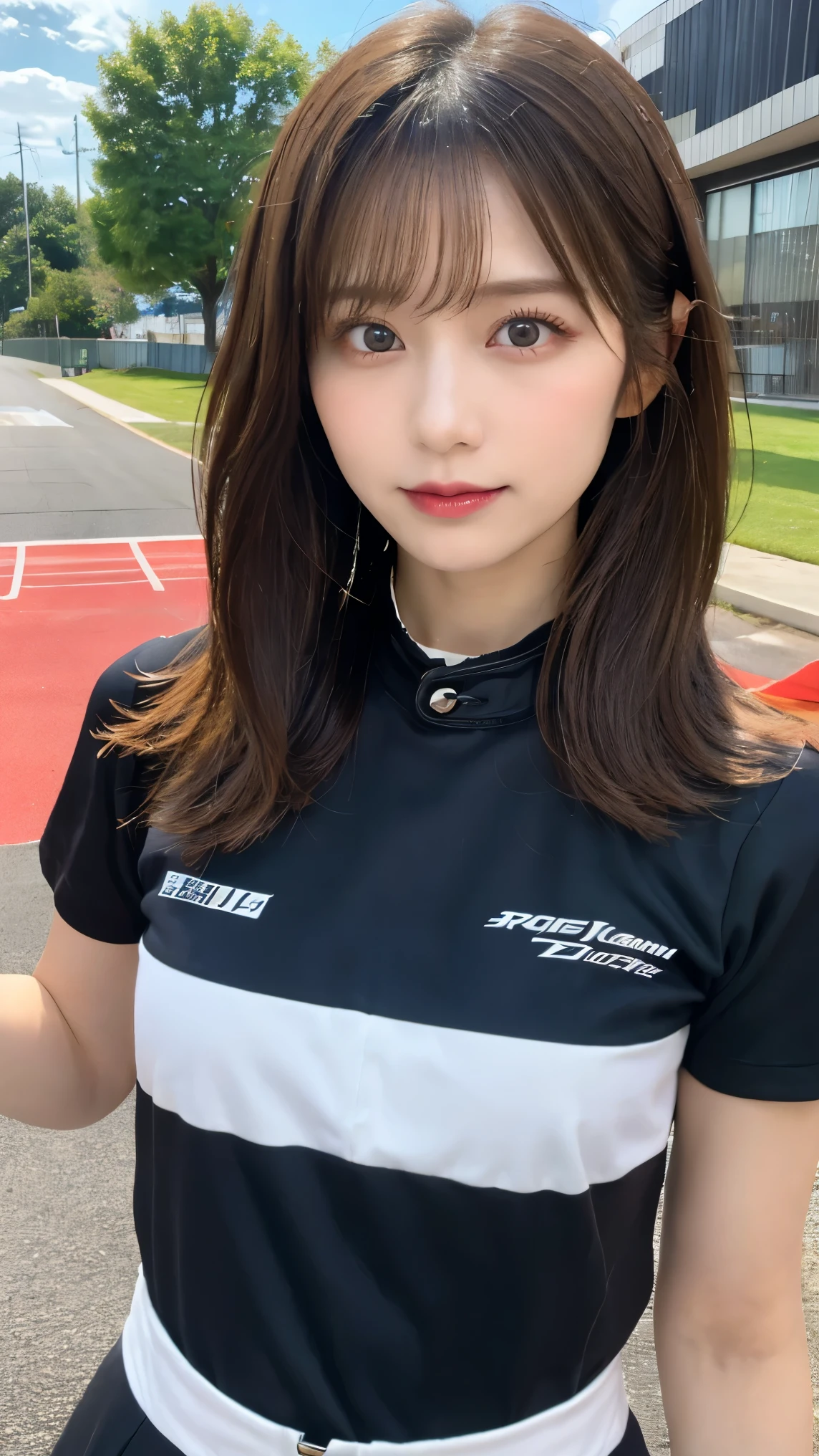 (extra detailed body、extra detailed face、best qualtiy:1.2)、femele、looking at the viewers、(rallyist)、(rally car in the background、Rally Japan race venue)