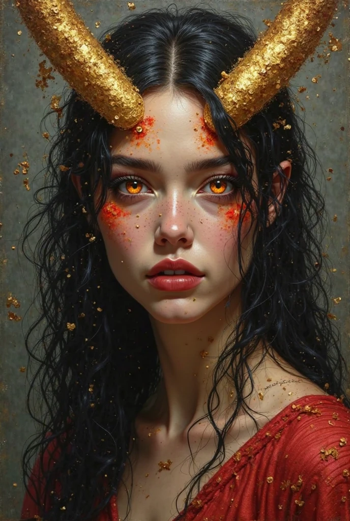 I understand. Would you like a specific image, like an oil portrait, that represents Medea after her fusion with Shirlonnay, with the features you mentioned.
Although I can't directly create images, I can describe what that portrait would be like based on your instructions so that you can use it with an image generation tool or when talking to an artist {x} I can describe what that portrait would be like based on your instructions so that you can use it with an image generation tool generating images or describing the vision to an artist:
style: oil portrait.
Subject: Medea, but with the marks of her draconic fusion.
features:
hair: rubio (although the description of the fusion mentioned black hair with orange tips/reddish , your indication is blond for this portrait). long, perhaps fluttering with an air of power.
eyes: As we describe: Completely black, as abysses, with the irises shining brightly with a color reminiscent of molten gold. They would be the focal point, full of a primal intensity.
Horns: Four dragon horns, golden and sharp, emerging from your forehead or head. They are not small; are distinctive dragon horns.
scales: They don't cover all your skin, but are scattered, they appear at specific points on her face (perhaps around the eyes or on the temples), the neck, shoulders or arms. They are scales of a bright red color.
expression: a mix of strength , perhaps melancholy or the intensity of Shirlonnay's consciousness peeking out.
Imagine a portrait with rich and textured brushstrokes typical of oil. The lighting could highlight the golden glow of their eyes and the iridescence (or deep red, depending on your final choice of color) of the scales and horns, creating a dramatic contrast with the pale skin and the dark of the eyes. The background could be gloomy or chaotic, reflecting the events that led to this transformation, or perhaps more serene to contrast with her appearance.
You can use this detailed description in an image generation tool or when talking to an artist. x} I regret not being able to generate it myself.