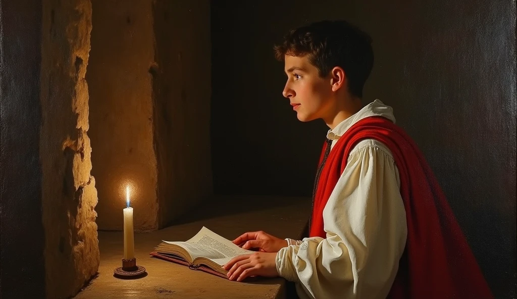 medieval boy reading at night