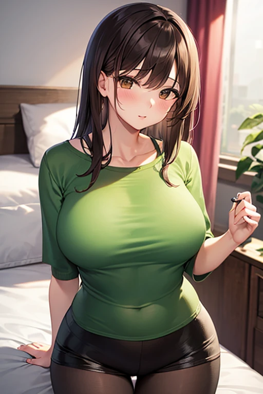 a 20 year old girl wearing an green bra and green underwear and has long brown hair (big breast)
