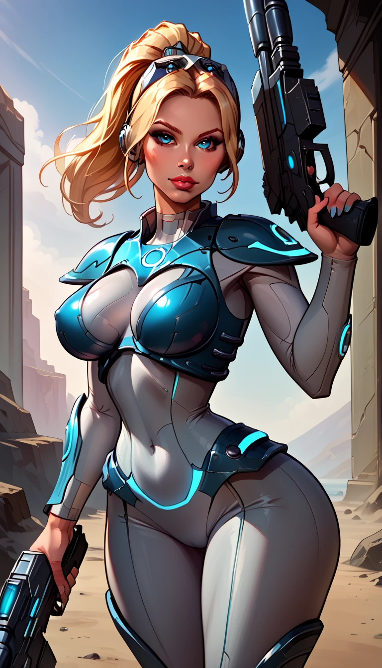 uma imagem de desenho animado de uma mulher de terno segurando uma arma, garota soldado mecanizada, colorful illustration, zenoscope, inspired by José Comas Quesada, colorful digital illustration, linda garota ciborgue pinup, bela arte em quadrinhos, por Randy Vargas, por Rick Naguaro, epic colorful illustration, dressed in tactical armor, fofosexyrobutts