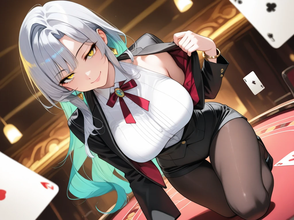 masterpiece, high quality, 1_woman, (upper body), ((sitting)), (exotic tan skin_complexion:1.4), mature, tall, beautiful, exotic, long black horns on head, (broken horn), long hair, high ponytail, grey hair, cute bangs, flowing hair, detailed face, having diamond shaped eyes, orange eyes, looking away from viewer, (dark_eyeliner), long_eyelashes, (handing poker cards), dark lipstick, ((cheeky grin)), big grin, (medium_bust), nsfw, (topless), exposed breasts, nipples, bare_shoulders, (diaphanous shawl), black thigh highs, (cameltoe), natural dynamic lighting casts detailed shadows, sitting at poker table, in rustic brothel, paper lanterns, ((Dark night)), Portrait, color difference, Depth of field, dramatic shadows, Ray tracing, Best quality, Cinematic lighting ,official art,
