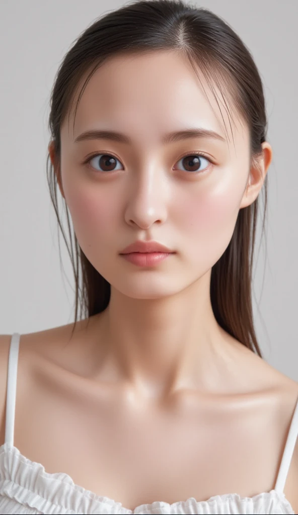 (masterpiece, Top quality, best quality, (Close-up photos: 2), ((1 Girl)), Korean, White skin, (Extremely detailed face), ((Looking at the audience)), ((((Extremely detailed eyes and pupils)))),((((Extremely delicate lips)))) Zygomatic bone, Plump cheeks, ((Bare chest muscles)), ((????? chest)), ((Shift Dress)), Bare head, ((Bare shoulders)), Symmetrical frame, (((Strapless))), ((Tightly closed lips)), (((Smile))), ((Symmetrical pose)), (Symmetrical face: 1.6), 35 mm, ((((Minimal pure white background)))), ((No lighting)),No watermark, ((Medium Length Hair)), Full body nudity