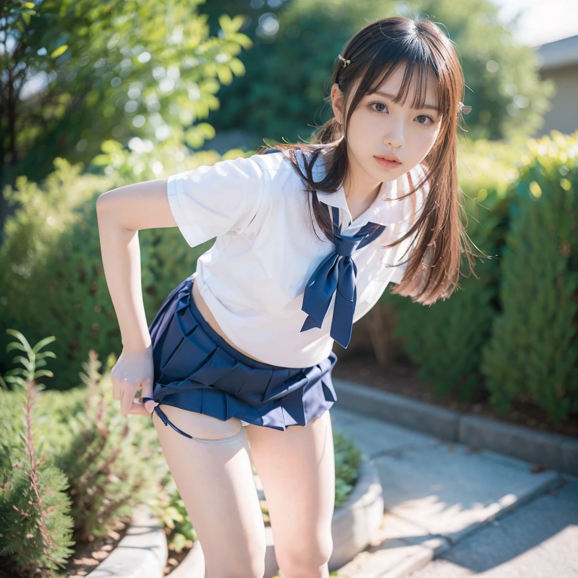 Japanese、、high school girl、Light blue shirt、Grey checked mini skirt、Crouching