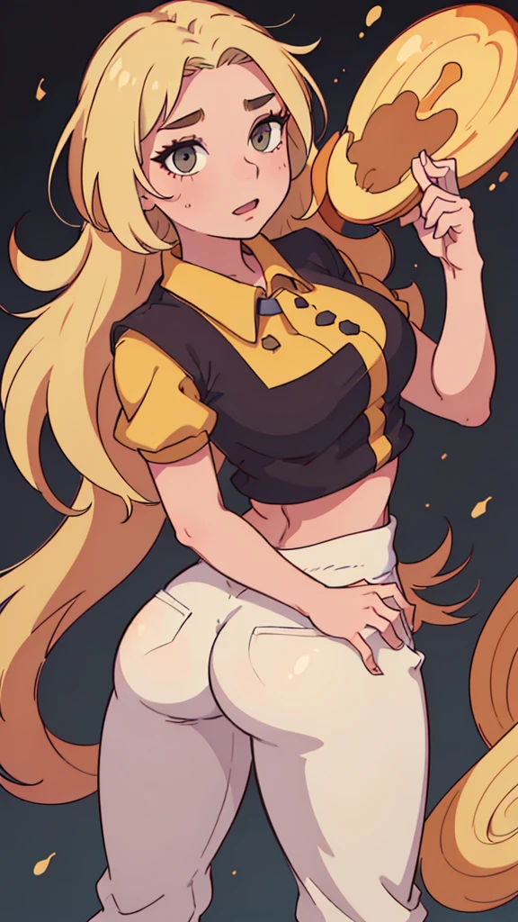 girl, mature, blond hair, ponytail, green eyes, dark skin, have 3 tails behind butt, full body