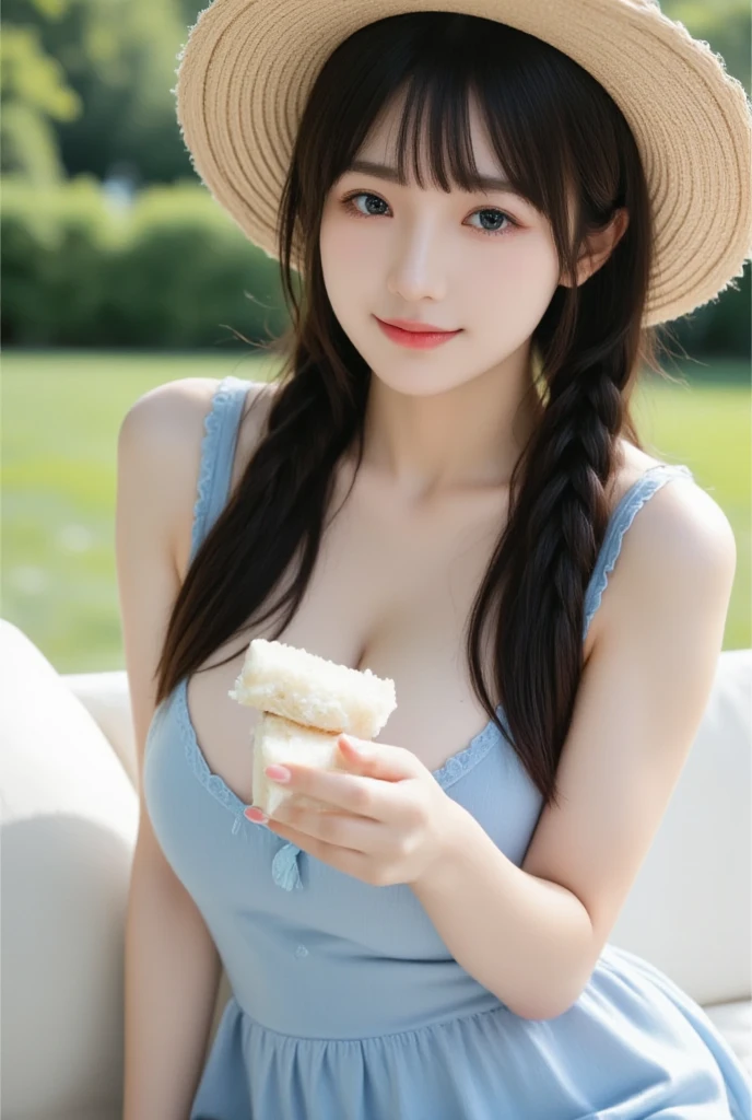 masutepiece, Best Quality, Illustration, Ultra-detailed, finely detail, hight resolution, 8K Wallpaper, Perfect dynamic composition, Beautiful detailed eyes,  Natural Lip, , cleavage, Cross legs, blue hairs, Carrot accessories, bunnygirl