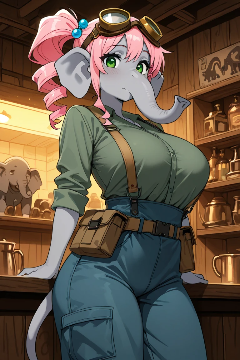 gadget_hackwrench, gh_clothes, gh_goggles, cowboy shot, smile, (high quality:1.2), masterpiece, detailed, highres, 4k, sharp focus, simple style, cartoon, [[anime]], (wide hips:1.3), (big buttocks:1.3), (thick thighs:1.3), (small waist:1.3), (gigantic breasts:1.3)