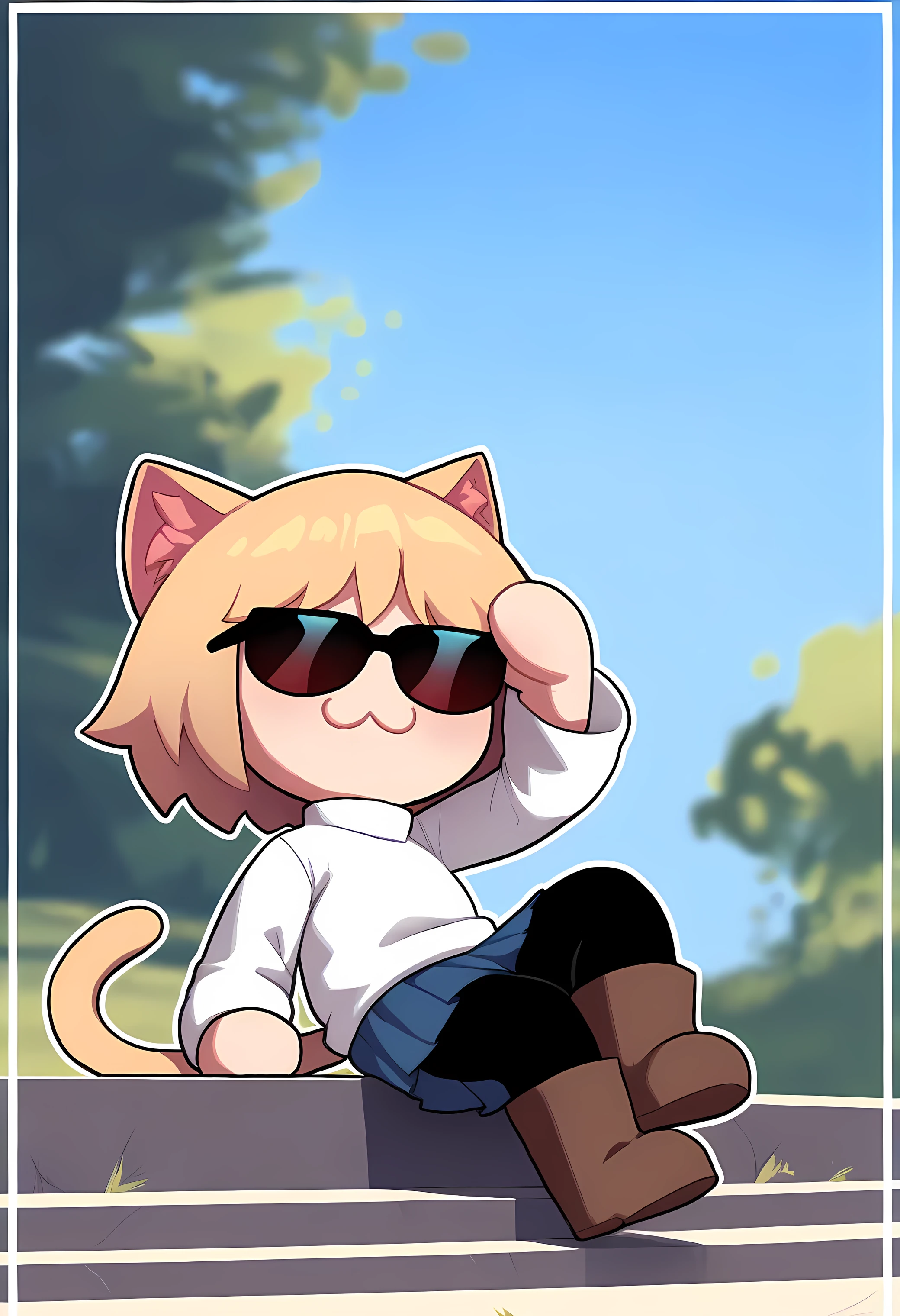 1girl, solo, masterpiece, best quality, cracen, animal ears, short hair, blonde hair, :3, cat girl, cat tail, red eyes, slit pupils, chibi, animal ear fluff, white sweater, long sleeves, black pantyhose, blue skirt, pleated skirt, boots, brown footwear, sitting on stairs, outdoors, blue sky, looking at viewer blurry background, border, outline, (sunglasses:1.3)