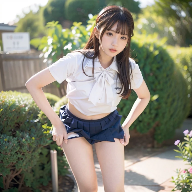 Woman posing in schoolyard、highest quality、 1 people、Mid-breasted、Tag、shine、Blur the background、Bokeh Depth of Field、outside of home、(street:0.8)、(people々、大勢のpeople:1、Slender、Big ample breasts、high school girl、Close-fitting clothing、White collared shirt、Short sleeve、(Dark green checkered pleated skirt)、Very Short Hair、amount:0.8)、Beautiful sky in every detail、Earrings、Slender、Serme、 (Knee)、Soft lighting、Wind、Glowing Skin、Laughter、Windが吹いている、、((Sexy panties in full view:1.05))、((Spread your legs wide:1.45))