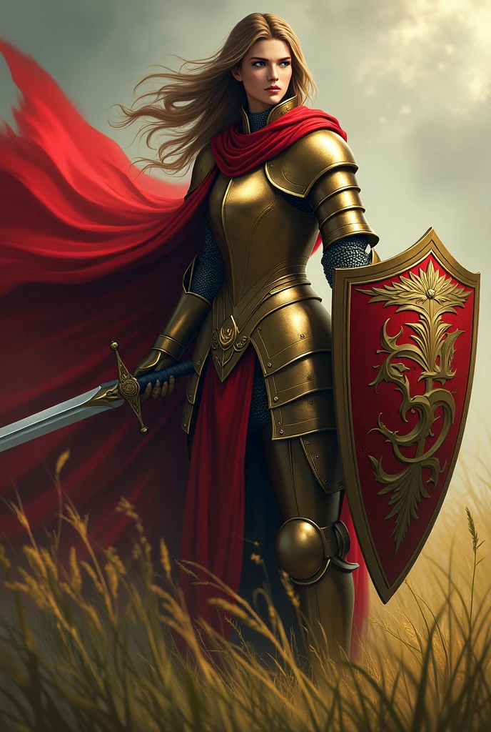 A female knight holding a shield and sword while grass below gently sways, distant camera slowly rotating around her, bronze plate armor, crimson cloak, fantasy art style with warm, dramatic lighting.