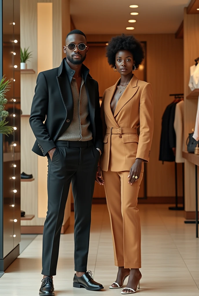 A tall African American woman with a crop top, long curly hair, and open toe wedges in her house, standing next to her husband. They are the same height.