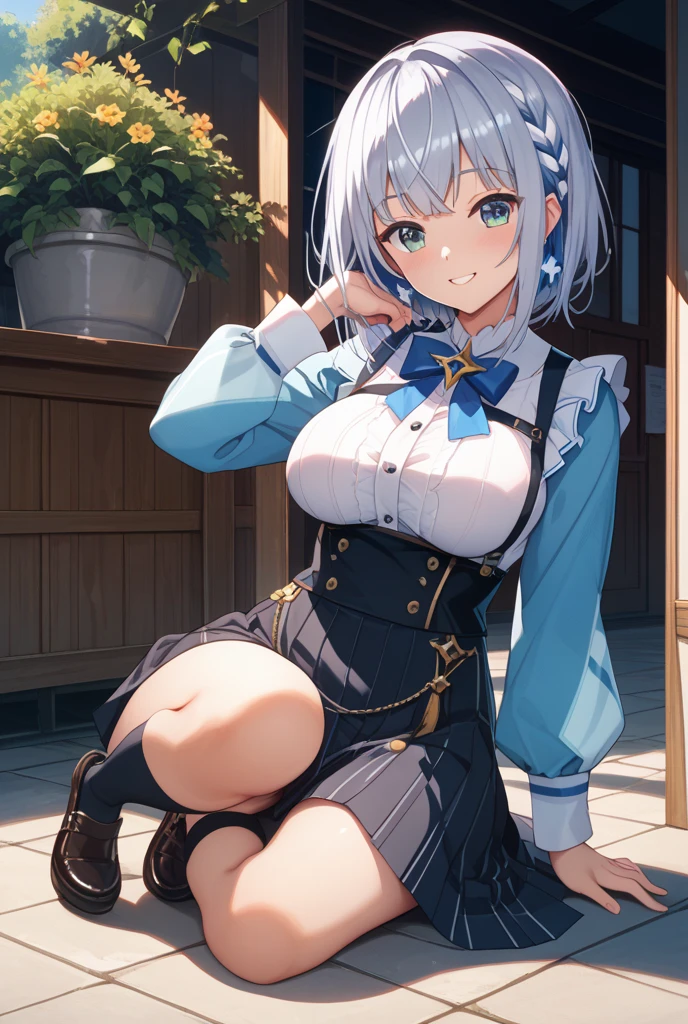 Highest quality、High resolution、Detailed Background、(Beautiful face in every detail:1.4)、Anatomically correct、Normal number of fingers、Highly detailed face、(Detailed eyes)、Teenage beauty、(Huge breasts:1.2)、Perfect body line、Light color hair、Braided bob cut、ponytail、cute hairstyle、well-groomed eyebrows、Shiny navy blue sailor suit、White sailor collar、Checkered pleated mini skirt、White Pantyhose、Accentuate your breasts、Accentuate your cleavage、Show your side、(underboob:1.3)、Cute gestures、A big smile、
(Close up of girl&#39;s underwear from below on train:1.5)、Panty Shot、cute