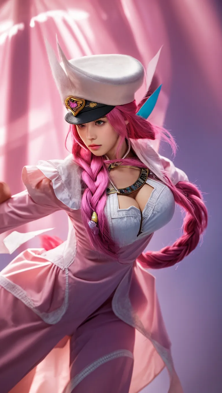 Ahri (League of Legends),wide-shot, a sexy woman, beautiful face, depth of field, business woman, a red and white kimono-inspired dress with gold and blue accents, featuring long sleeves and a short skirt. She has nine white fox tails fanned out behind her, each with a blue glow at the tip. Her hair is long and black with fox ears on top of her head. She has a captivating, mysterious expression, with her bright, enchanting eyes