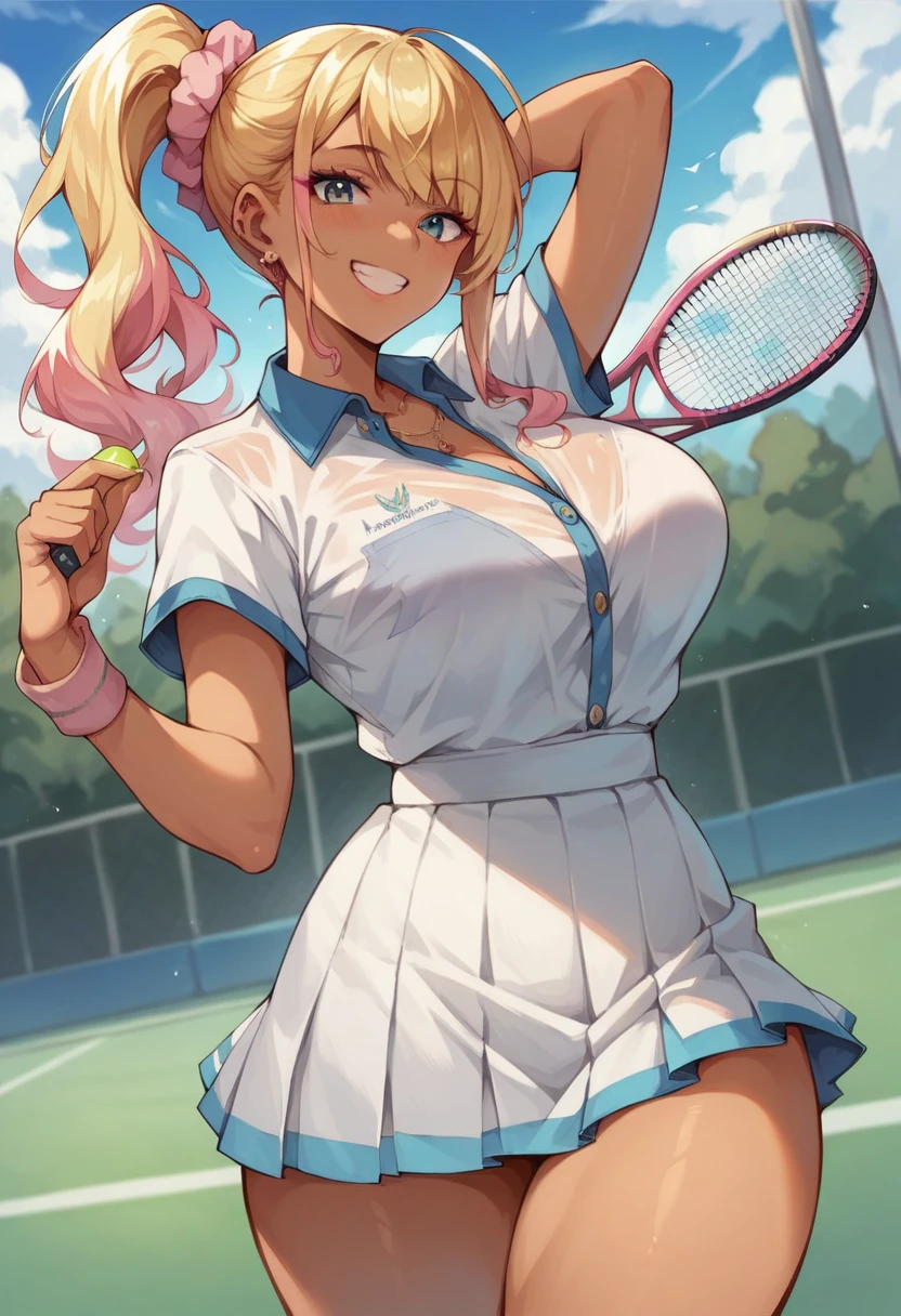 gyaru,nsfw, glamorous, voluptuous, stand,smiling ((tennis wear,))