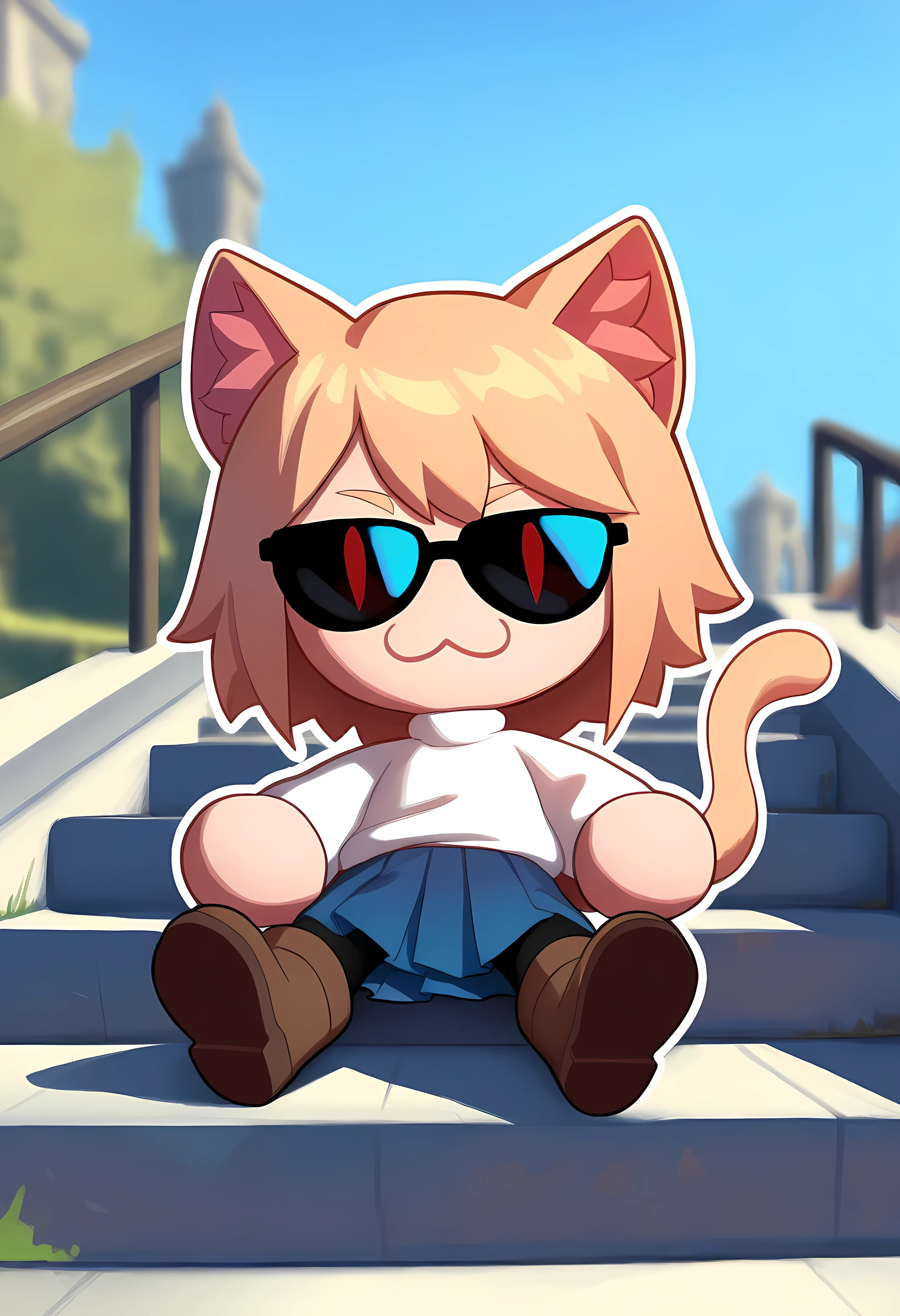 1girl, solo, masterpiece, best quality, cracen, animal ears, short hair, blonde hair, :3, cat girl, cat tail, red eyes, slit pupils, chibi, animal ear fluff, white sweater, long sleeves, black pantyhose, blue skirt, pleated skirt, boots, brown footwear, sitting on stairs, outdoors, blue sky, looking at viewer blurry background, border, outline, (sunglasses:1.3)