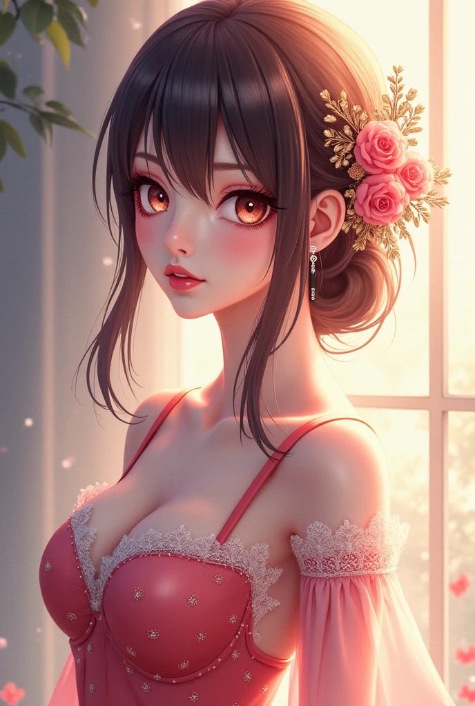 Girl surrounded by roses, upper body, colorful