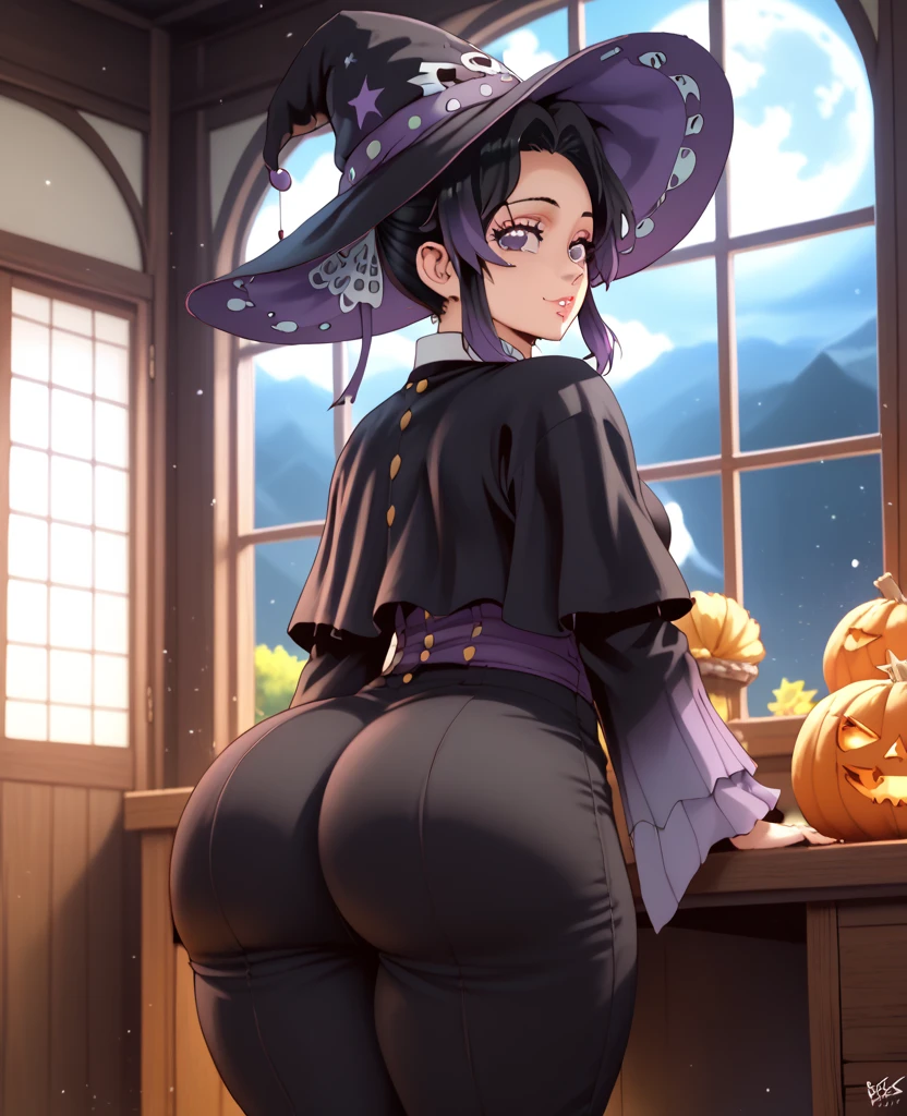 depth of field, perfect lighting, light particles, female, human, human face, (sexy, embarrassed) solo, outdoors, (butt facing viewer), ((witch)), (((farting))), macro, dark purple hair