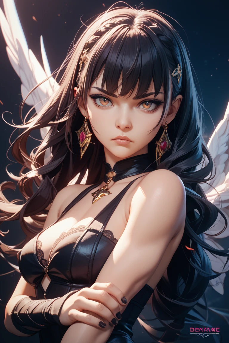 Top quality, ultra high resolution, (photorealistic: 1.4), attractive face. Model face. Braid. Thin. Bikini, beautiful details, brown face. Light brown hair. Brown hair. Big tits. Shorts. Earring. Luxurious necklace. Detail. Vivid? Realistic details. Real. Ability. Competent. On the back large wings. Brown hair in braids, traditional female hairstyle, long braid hair, long dark braid hair, brown hair in braids, black feathers on the back. Black wings. Black plumage. Devil's wings. Moon. Red moon. Navel, Detached sleeves, Bare shoulders, Middle opening, Cleavage, Middle chest, Long feathered hair clip, Hair ornament, Thigh height,, Full body, Look at viewer, break, otherworldly. Black smoke wafting around. Horns..... Black suspended particles. Black smoke. Black crystals around. Black smoke wafts around. Warping the body. Warping the body. Horn. Darkness. Ochi Yami Yugi. Kneeling. Get on your knees. Close one’s eyes. Close your eyes and kiss. Close your eyes. Close your eyes and kiss. Pressing for a kiss. Kissing face. Embarrassing face. Blush. Kiss embarrassedly.