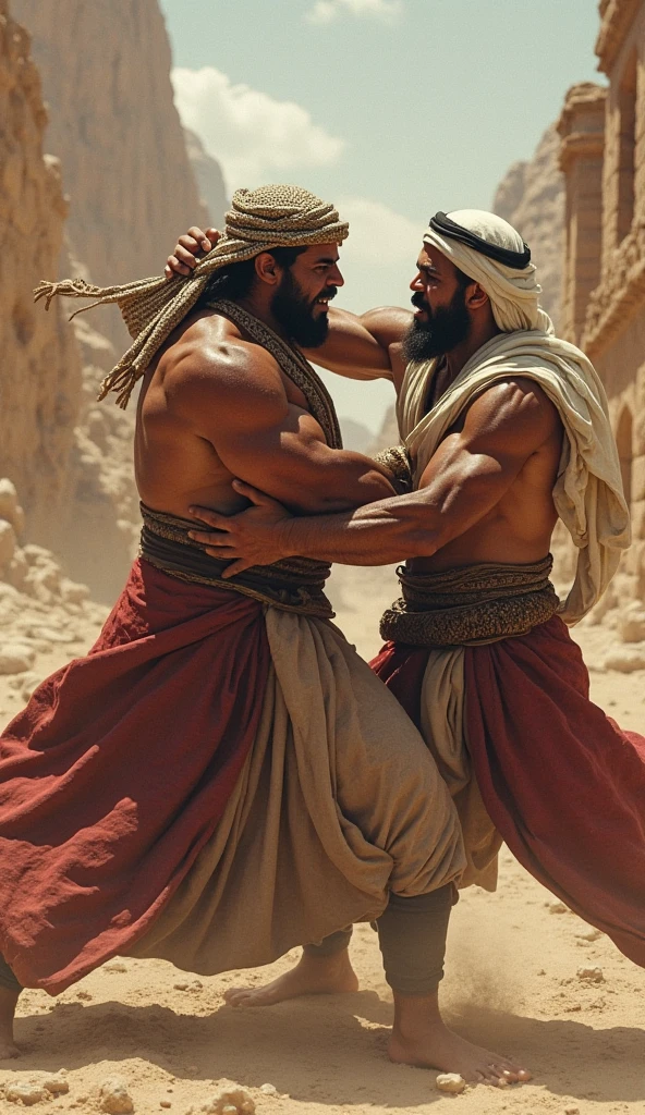 Big hairy bearded strong muscular Persian men standing in white underwear, fighting on the ground behind a white house, Sandy ground, a big tree and white walls in the background. Boys sitting on the floor watching.