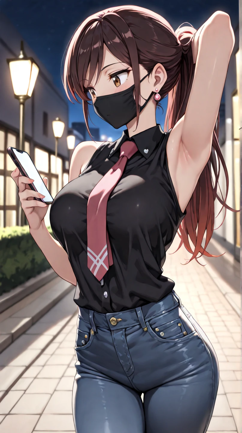 Solo, Makoto_Niijima (from persona 5, 1female, white skin, Japanese, red eyes, short brown hair, braid like a hairbow on top of hair, small boobs) taking a picture on the street, sexy one-piece high school uniform. (finely detailed), anime, best shadows, depth of field, (masterpiece), (best quality), 4K, high detail, anatomically correct