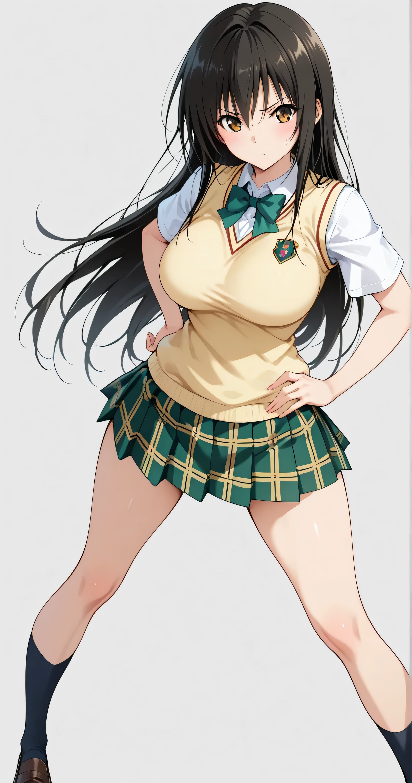 insanely detailed,
Cute anime-style 1girl, Cell-shaded style,
Kotegawa Yui
long hair,black hair,sidelocks,hair between eyes,bangs,brown eyes
school uniform,sweater vest,yellow vest,white shirt,collared shirt,green bowtie,short sleeves, busty, miniskirt,green skirt,plaid skirt,pleated skirt,black socks,loafers
Sharp focus, clear lines, crisp outlines, dynamic but clean line art, accentuated contour lines with fine detail, Harmonized colors,
Masterpiece, best quality, ultra-detailed, 8k resolution,
perfect anatomy, correct hand structure, 4 fingers and 1 thumb, elegant and natural pose, visible fingernails(1.3). no tattoos or symbols on face(1.9).
glossy highlights, flowing strands, silky smooth hair, delicate strands,
intricate irises, large highlights, subtle intensity in gaze, clear eyes , Beautiful Eyes, cool eyes, soft eye shading, refined eye area, Ultra-detailed eye contours, exquisite eyelashes,
Beautiful breasts, Perfect curvy figure, elegant lines, smooth curves, slender legs,
flawless porcelain-like skin, dewy radiance,
contrapposto, arched back, hand on hips, point at viewer,
annoyed, looking at viewer,
upper body, front view, extreme close-up view, Tight Frame,
Highly detailed face, refined body, flawless skin.