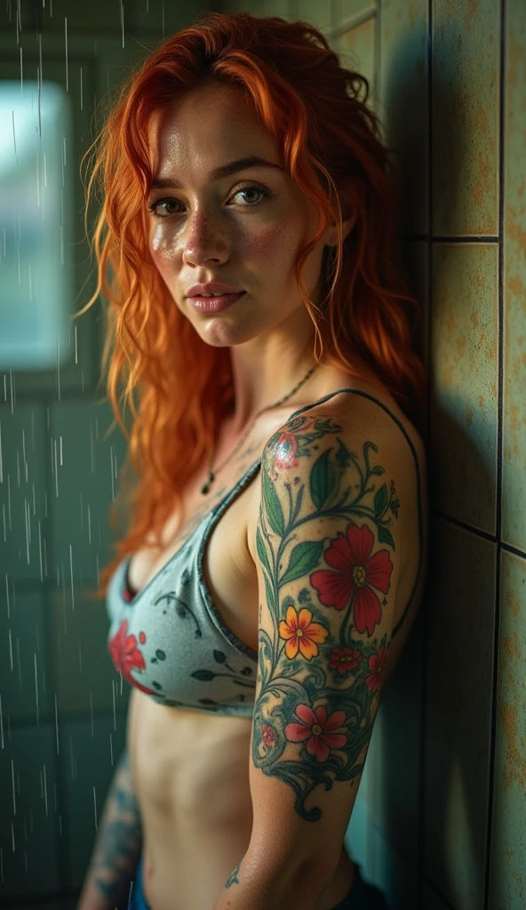 Female soldier, in the process of getting dressed after taking a shower, dark red hair in a loose ponytail, big smile, NSFW, tribal tattoos 