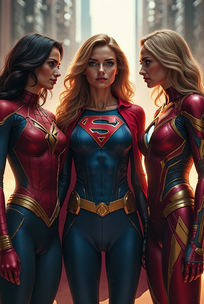 A stunning, hyper realistic, high-resolution group image featuring the female versions of iconic superheroes standing together in a powerful, united pose. Each heroine is depicted with a strong yet feminine build, showcasing their unique costumes and characteristics with elegant, feminine touches, all incorporating skirts. (Superwoman wears a vibrant blue bodysuit with a bold, red 'S' logo on her chest, a matching blue skirt, a flowing red cape draped over her shoulders, and stylish red boots. Her hair flows freely in soft waves, and she stands confidently with one hand on her hip), (Batgirl is clad in a dark, midnight blue bodysuit with a gold bat logo on her chest, a matching black skirt, a flowing black cape, and gold-trimmed boots. Her utility belt is practical yet subtly stylish, and her long, wavy hair flows freely from her cowl She stands vigilantly, holding a batarang), (Spider-Woman wears a sleek red and blue bodysuit with a web pattern, a matching red and blue skirt, and a spider logo on her chest. Her mask covers her eyes, allowing her long hair to flow out. She stands in an agile, ready-to-leap pose, one hand extended as if ready to shoot webs), (Iron Woman is in a high-tech, form-fitting armor suit in red and gold, with a glowing arc reactor on her chest, a matching red and gold skirt, and stylish red and gold boots. Her helmet is off, revealing her confident expression and sleek hair. She stands with one hand on her hip and the other arm extended, repulsor ready to fire), (Captain America female version wears a blue bodysuit with white and red accents, a matching blue skirt, a white star emblem on her chest, and red boots. She holds a circular shield with the iconic star and stripes. Her hair is tied back in a practical yet stylish manner, and she stands with the shield raised, ready to defend), They are all posed together on a rooftop against the backdrop of a city skyline at sunset, casting a warm, golden light over the scene.