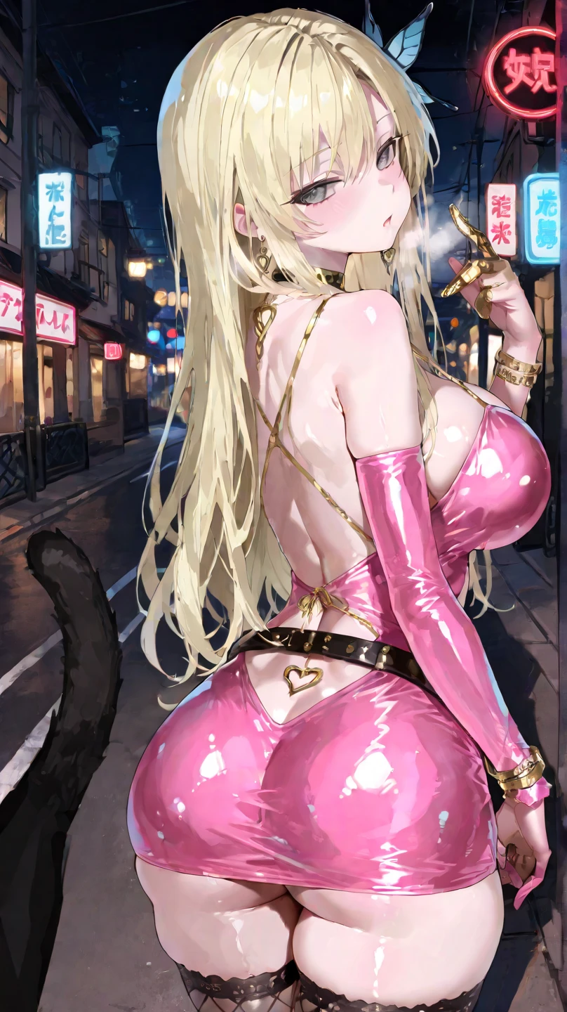 score_9, score_8_up, score_7_up, score_6_up, 1girl, source_anime, thick lips, brown eyes, pink hair, wavy hair, pink bear ears, (dark skinned female), long hair, large breasts, wide hips, slender eyes, perfect eyes, thick thighs, city, night, alley, glittery slingshot swimsuit, skirt, detailed, high quality, smirk, holding money, high angle,