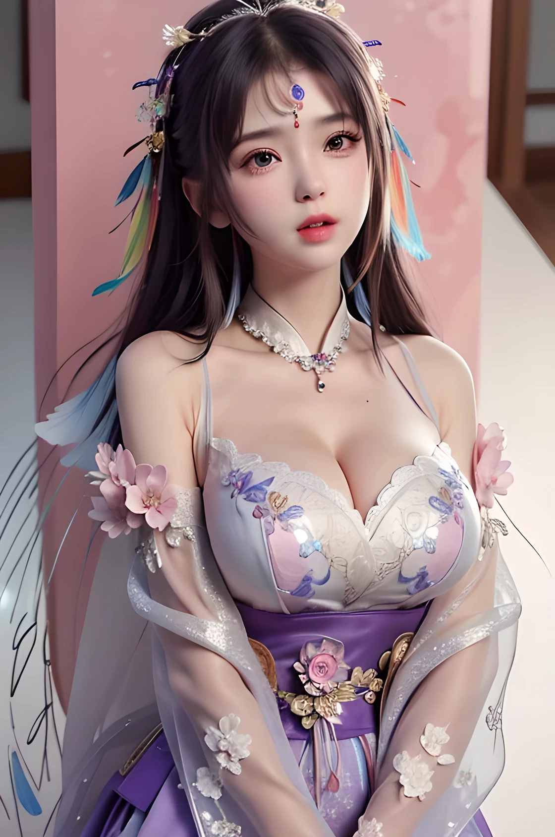stunning beauty, Aesthetic, Oil painting style, thick coating, Women with incomparable style, Exquisite facial makeup, Black hair, long hair and waist, long eyelashes, Dark brown pupil eyes, exquisite nose, Lip balm, Inseparable strands, Beautiful posture, Graceful curves, Slender ideal type, Super special exaggerated huge breast weight, Bold, Elegant, Extravagant artistic acts, romanticism, (Fractal Art), Vibrant colors, Sunny glare smooth skin, Professional photo close-ups, Brutalist design, Explore Victoria's Secret, blush, flower petals, Vivid colors, The most beautiful chaotic shapes, Colorful, Colorful and magnificent, From above, from the front side