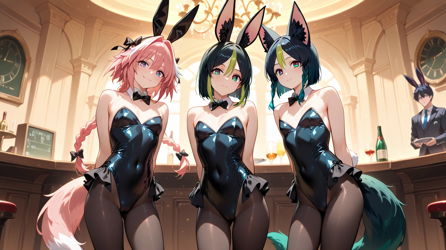 masterpiece, lots of detail, 4k, 8k, ((ultra-detailed)), highres, depth field, soft lighting, milf, 3girls, female focus, bed, playboy bunny, translucent bunny suit, leotard, lesbian, kissing, straddling, spread legs, cameltoe, bunny ears, bunny tail, {green eyes|red eyes|blue eyes|gold eyes}, bangs, {very long hair|short hair|curly hair}, {red hair|black hair|blonde hair|multicolored hair|green hair|purple hair}, {twintails|ponytail|loose hair|bob cut|hime cut|tomboy}, blush, warm, {standing|sitting|kneeling|laying down|posing}, detailed hands