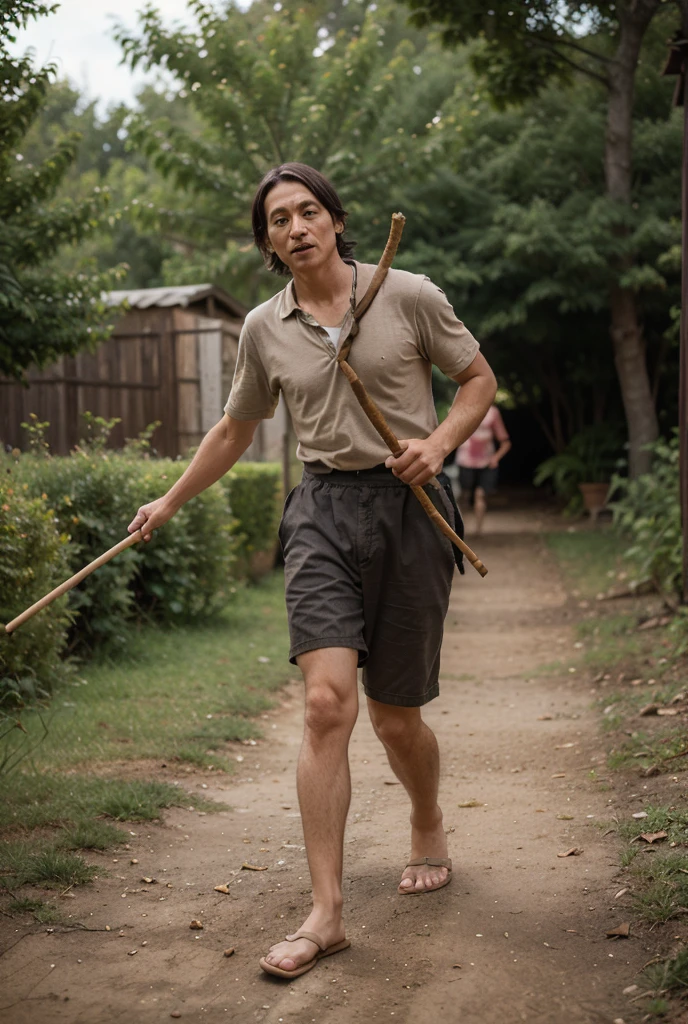A beautiful young twink, male with black hair, wearing a white uniform, is in the forest, brandishing his sword