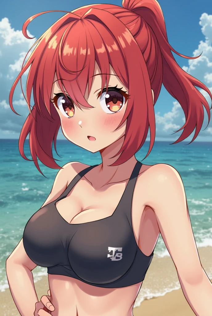 There was one girl with shiny skin, sexyposture,best qualtiy,tmasterpiece,(Photorealsitic:1.4),breast enhancement,reality,offcial art,The 8k quality,Super Detail,Fine detail skin,Movie angle,Cinematic textures,Movie Lighting,masutepiece,The highest image quality,1 girl,Vermilion lips,hair messy,pantyshot,Big Mimi,crisp breasts,1girll,short hair,upper limbs,((cleavage)), thick thighs, red eyes, ((shorts)), ((light green bikini)), ((blushing)), red hair, beach
