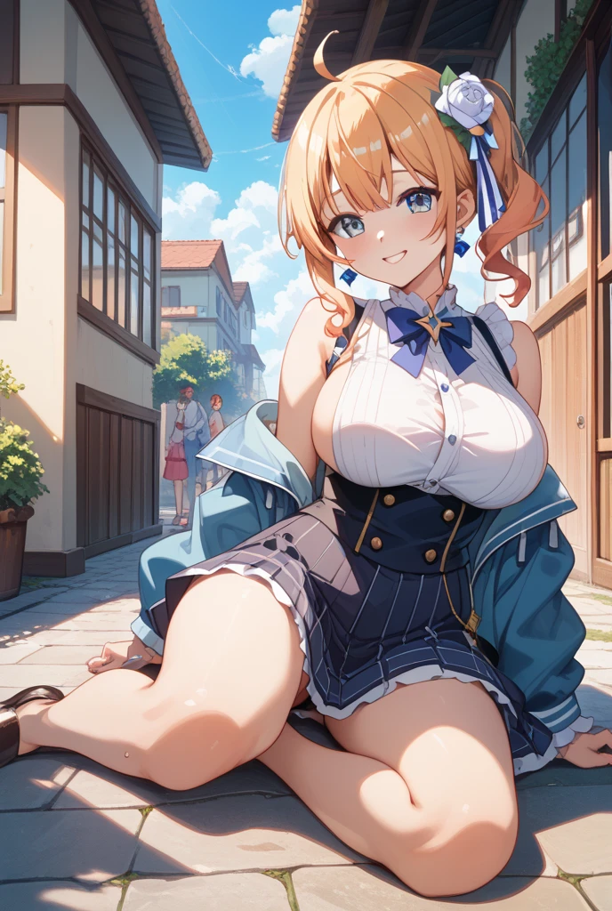 Zenith Greyart, Bunny Costume, sensuality, sexy, masterpiece, smiling, blue costume, blonde hair, ponytail