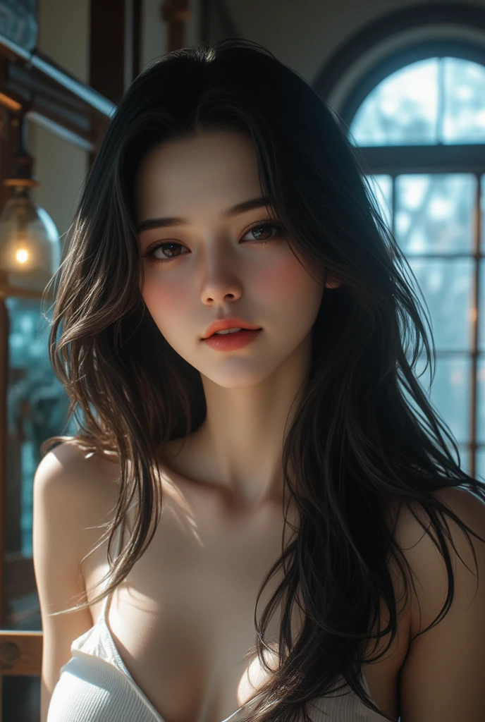 Best quality, masterpiece, ultra high res, (photorealistic:1.4), raw photo, 1girl, offshoulder, in the dark, deep shadow, low key, cold light