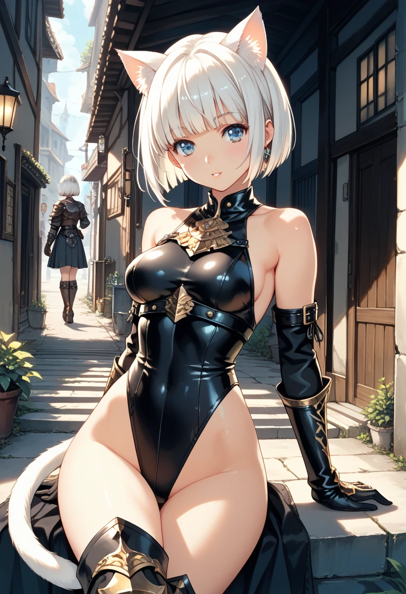 1girl, solo, (full body), The best masterpieces, (ultra-quality:1.32), (The ultra -The high-definition:1.4), (超A high resolution: 1.3), silver short hair, blue eyes, Tsurime, gazing down condescendingly at the viewer with a scornful grin, thick muscular thighs, (long boots), (princess)