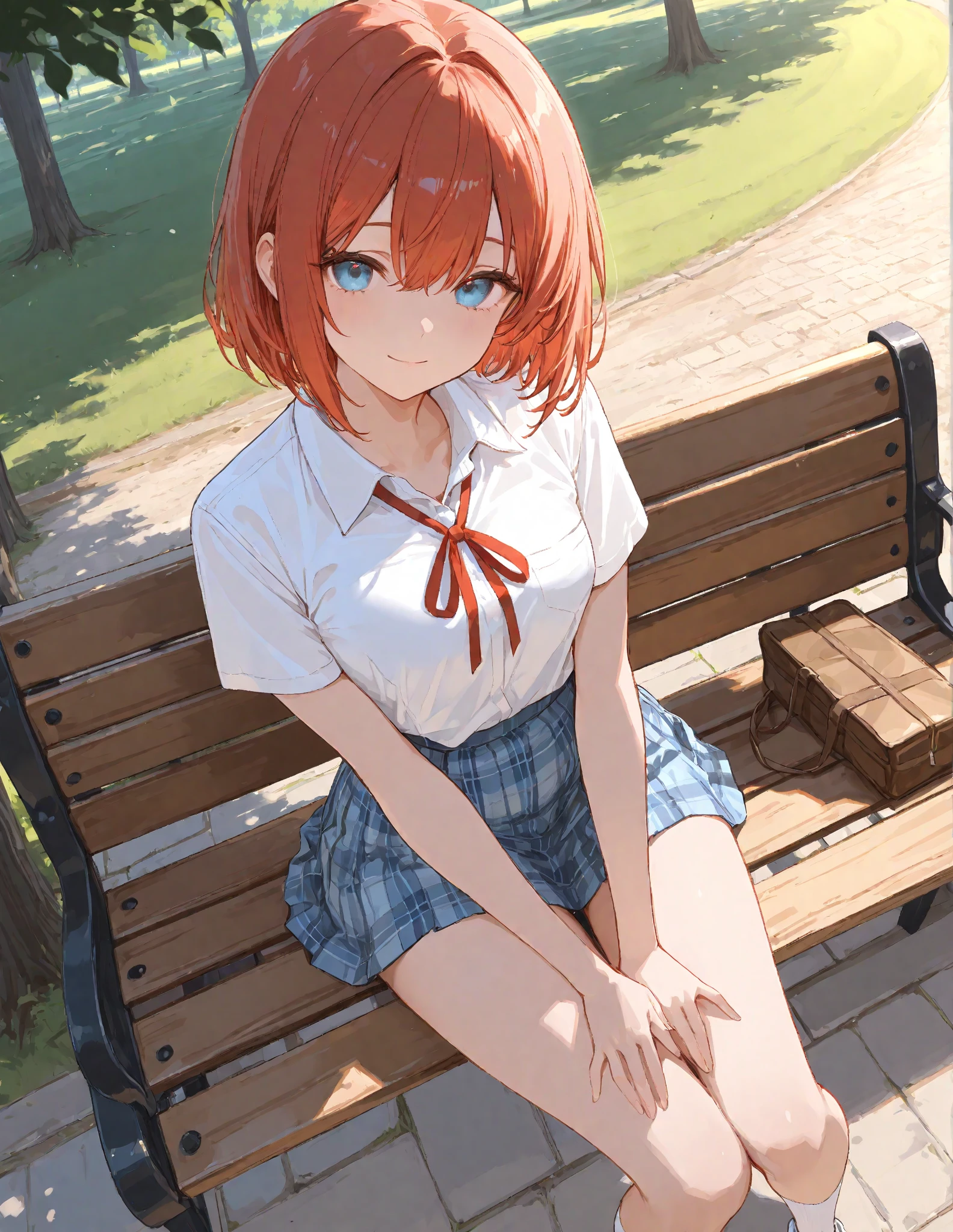 best quality, ultra-detailed masterpiece, anime art style, cute characters, nino nakano, breasts, blush, smile, full body, school