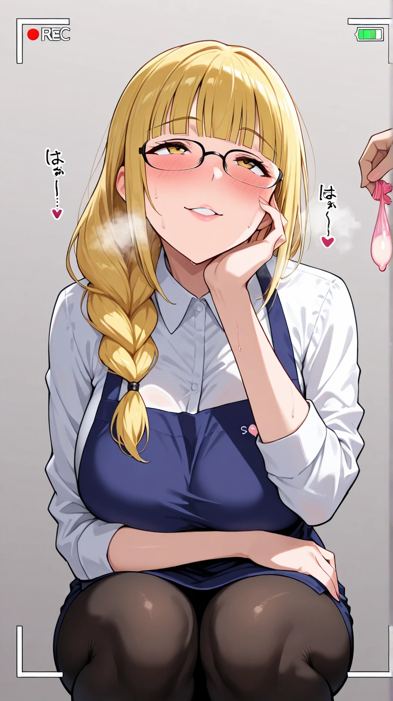 detailed illustration ,dynamic angle, ultra-detailed, detailed eyes, detailed face, 1girl, shy, long blonde hair, wavy hair, glasses, blushing, horny, holding skirt down, black plaid skirt, green shirt, pink vest, cleavage, braless, blushing, flushed, red cheeks, closed eyes, embarrassed, standing, cafe, hard nipples